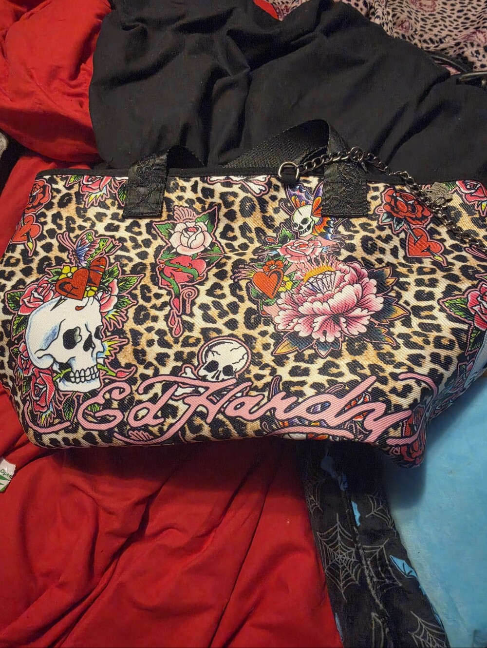 Ed Hardy Leopard Skull & Floral Tote Bag in Black, Pink, Red